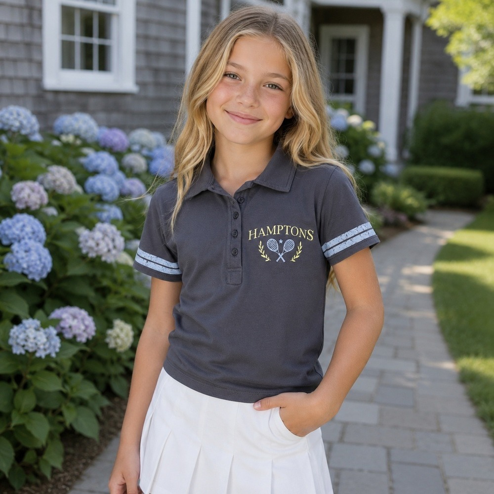 Madden‎ Girl Hamptons Tennis Club Graphic Polo Shirt Gray Baby Tee JR Small